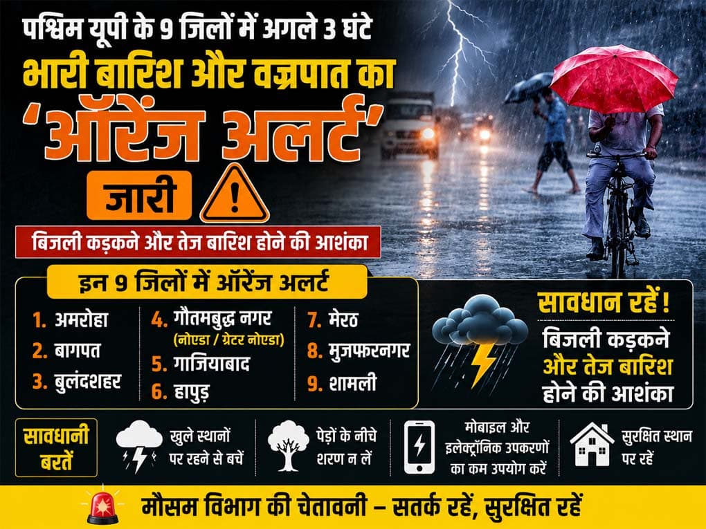 पश्चिम यूपी के 9 जिलों में अगले 3 घंटे भारी: बारिश और वज्रपात का 'ऑरेंज अलर्ट' जारी, बिजली कड़कने और तेज बारिश होने की आंशका